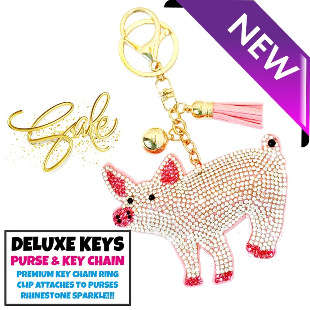 DeLuxe Keys Rhinestone Keychain/Purse Chain WHITE CRYSTAL PIG